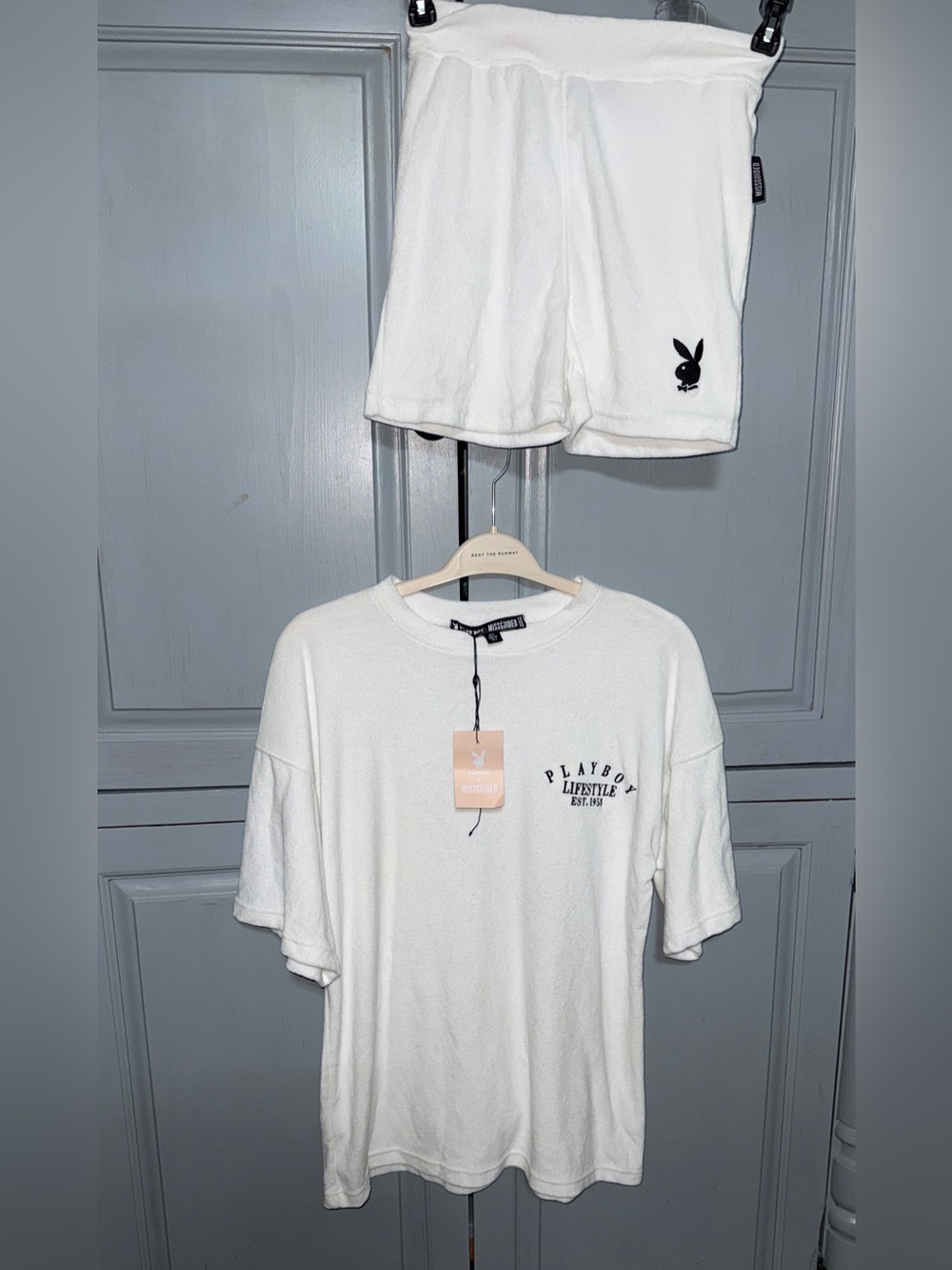 PLAYBOY White Terry Lounge Tee & Shorts Set